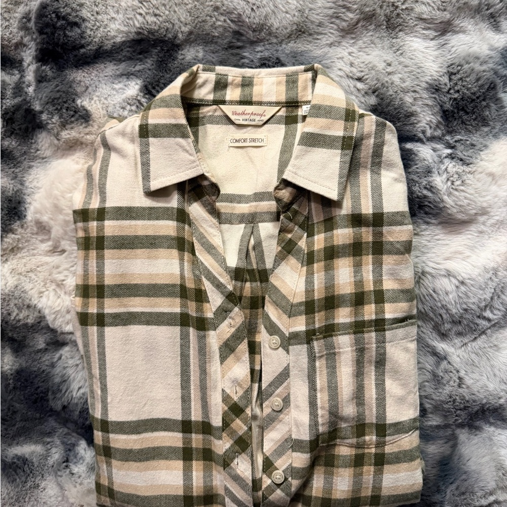 Green and white plaid button-up shirt with a relaxed fit